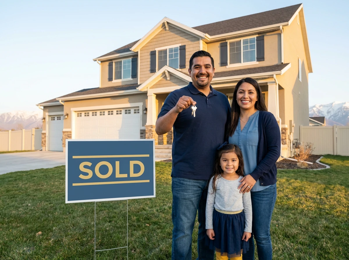 Family celebrating with a SOLD sign in front of their new home in Utah